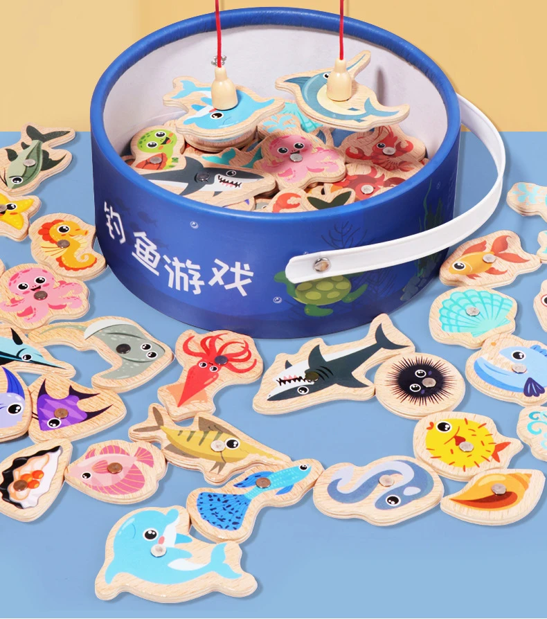 Montessori Wooden Magnetic Fishing Toys Marine Life Cognition Fish Games Early Educational Toy for Kids Parent-child Interactive