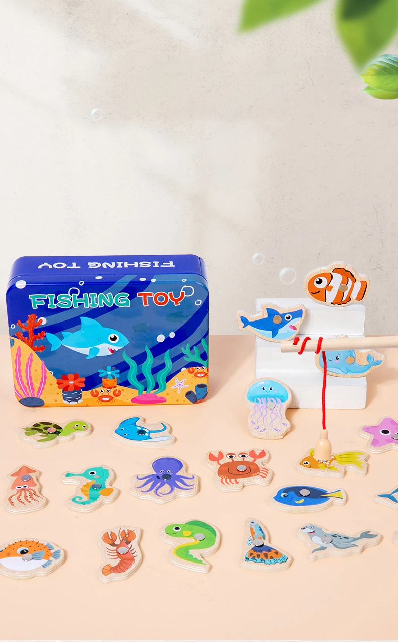 Montessori Wooden Magnetic Fishing Toys Marine Life Cognition Fish Games Early Educational Toy for Kids Parent-child Interactive