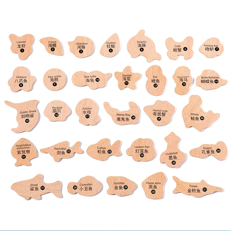 Montessori Wooden Magnetic Fishing Toys Marine Life Cognition Fish Games Early Educational Toy for Kids Parent-child Interactive