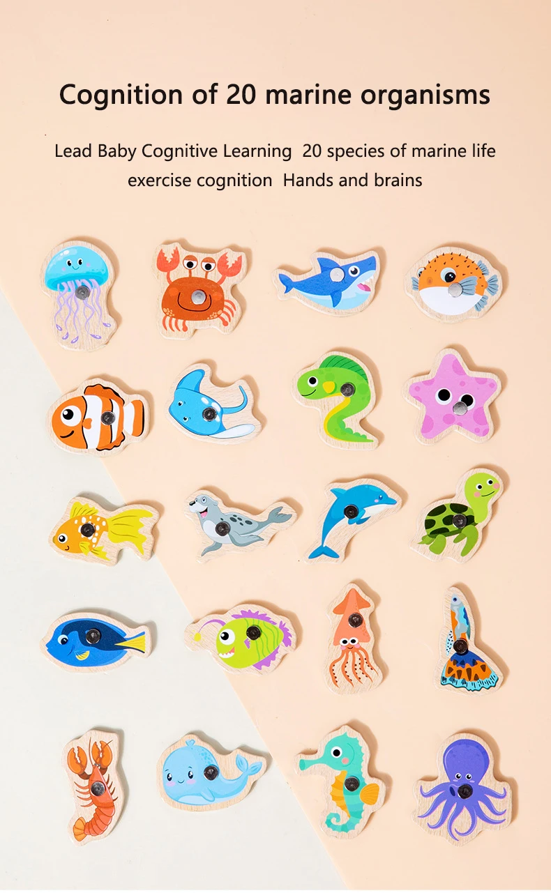 Montessori Wooden Magnetic Fishing Toys Marine Life Cognition Fish Games Early Educational Toy for Kids Parent-child Interactive