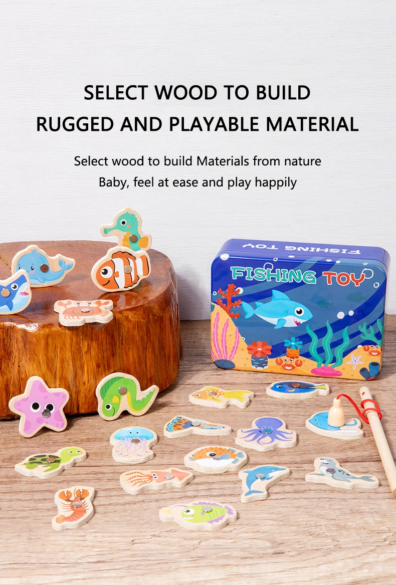 Montessori Wooden Magnetic Fishing Toys Marine Life Cognition Fish Games Early Educational Toy for Kids Parent-child Interactive