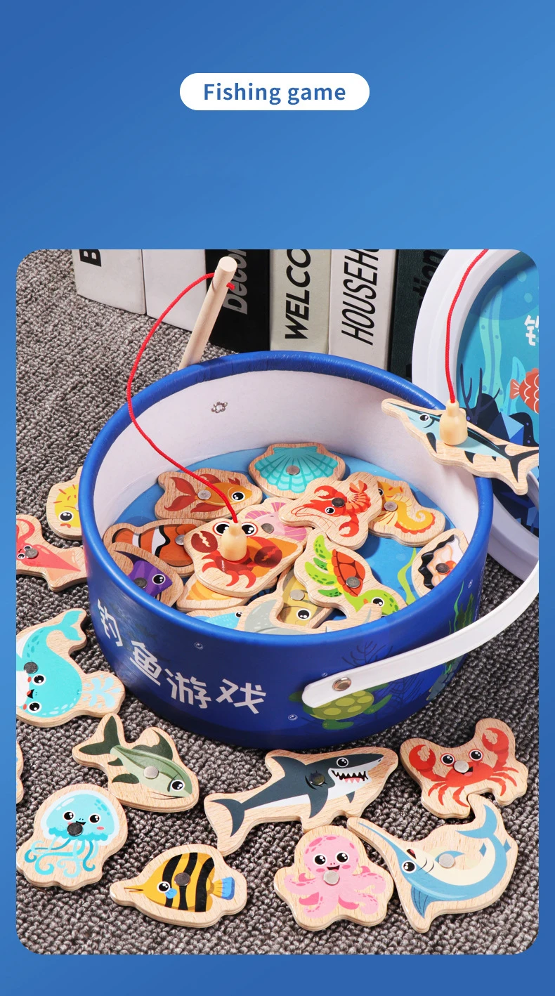 Montessori Wooden Magnetic Fishing Toys Marine Life Cognition Fish Games Early Educational Toy for Kids Parent-child Interactive