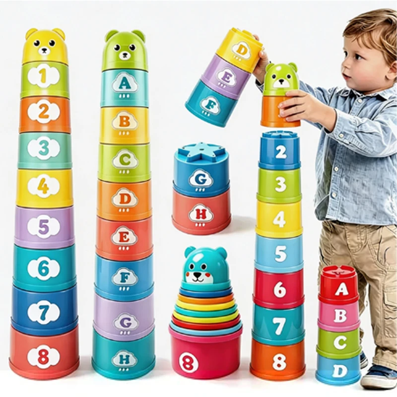 Stacking Game Cup Children Board Game Hand Speed Competition Fold Cup with Numbers Letters Shapes Early Education Puzzle Toy