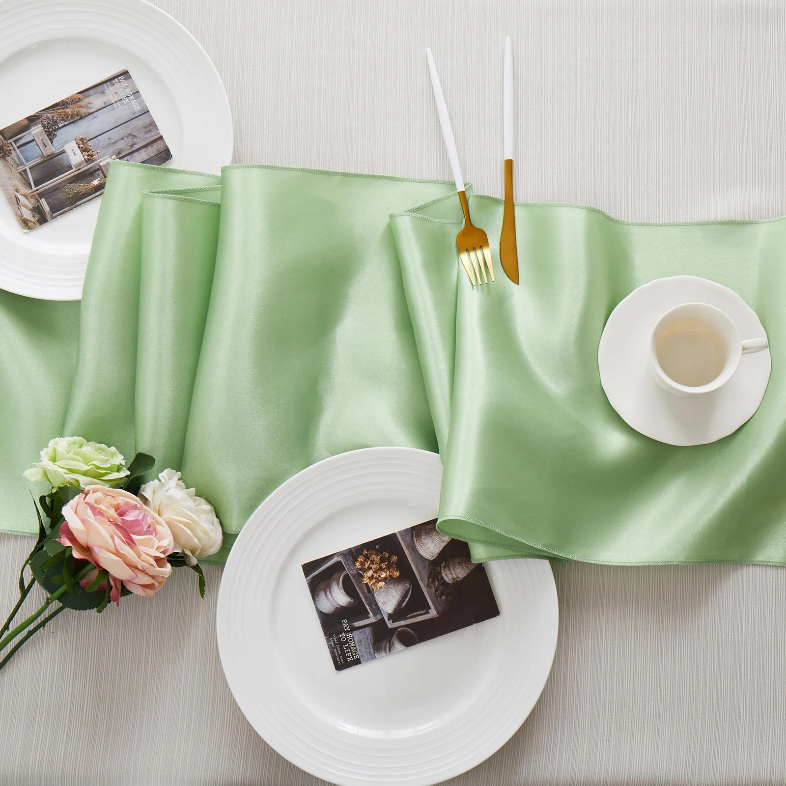 6/20PCS Wedding Satin Table Runner Sage Green 30x275cm Long Party Supply Christmas Home Dining Banquets Luxury Table Decoration