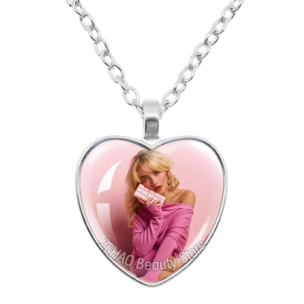 25mm Peach Heart Necklace Famous Character Sabrina Carpenter Funny Singer Accessories Glass Cabochon Pendant For Fans Gift