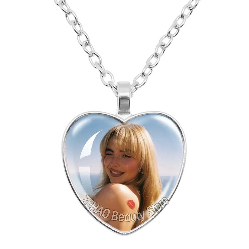 25mm Peach Heart Necklace Famous Character Sabrina Carpenter Funny Singer Accessories Glass Cabochon Pendant For Fans Gift