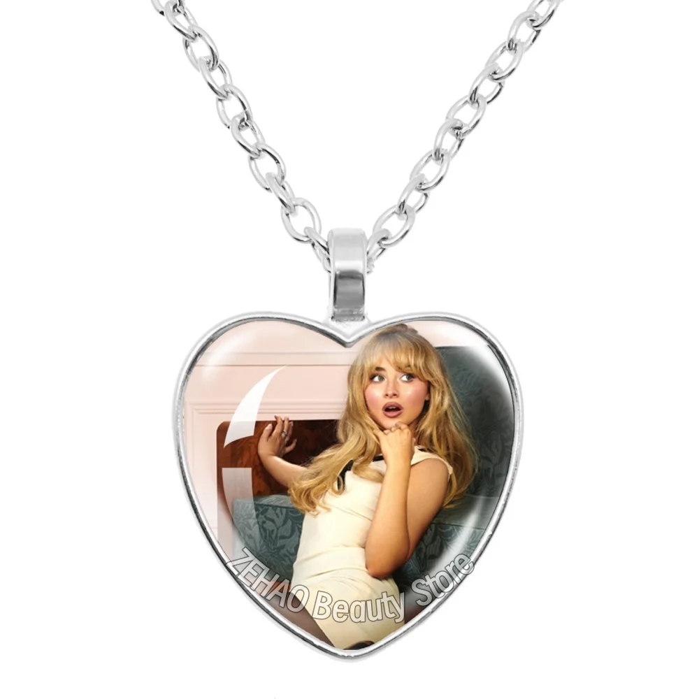 25mm Peach Heart Necklace Famous Character Sabrina Carpenter Funny Singer Accessories Glass Cabochon Pendant For Fans Gift
