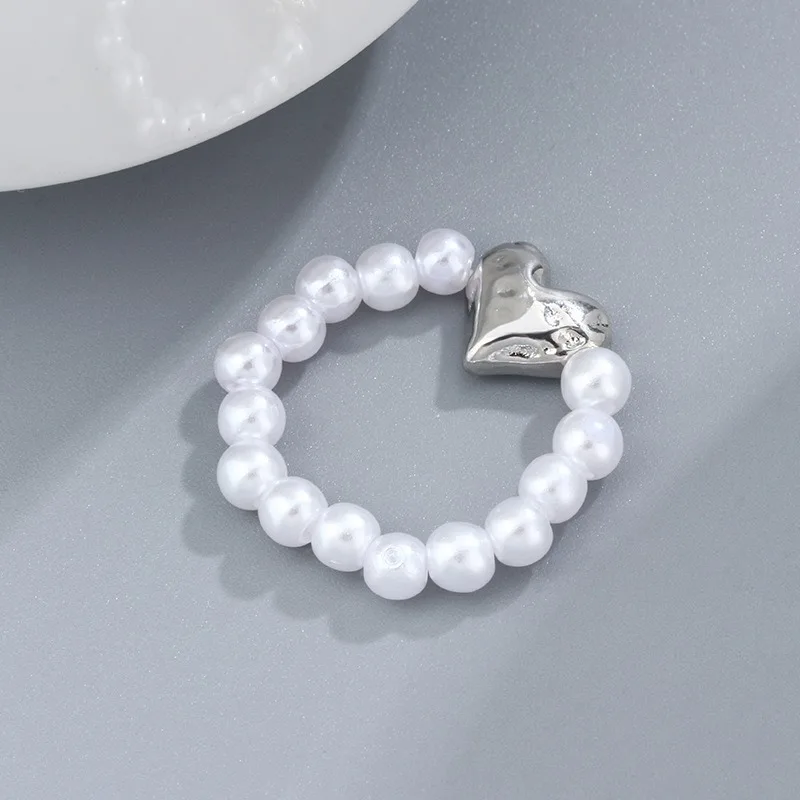 Imitation Pearl Stretch Finger Rings for Women Girl Korean Fashion Sweet Heart Fashion Jewelry Accessories Gift Party