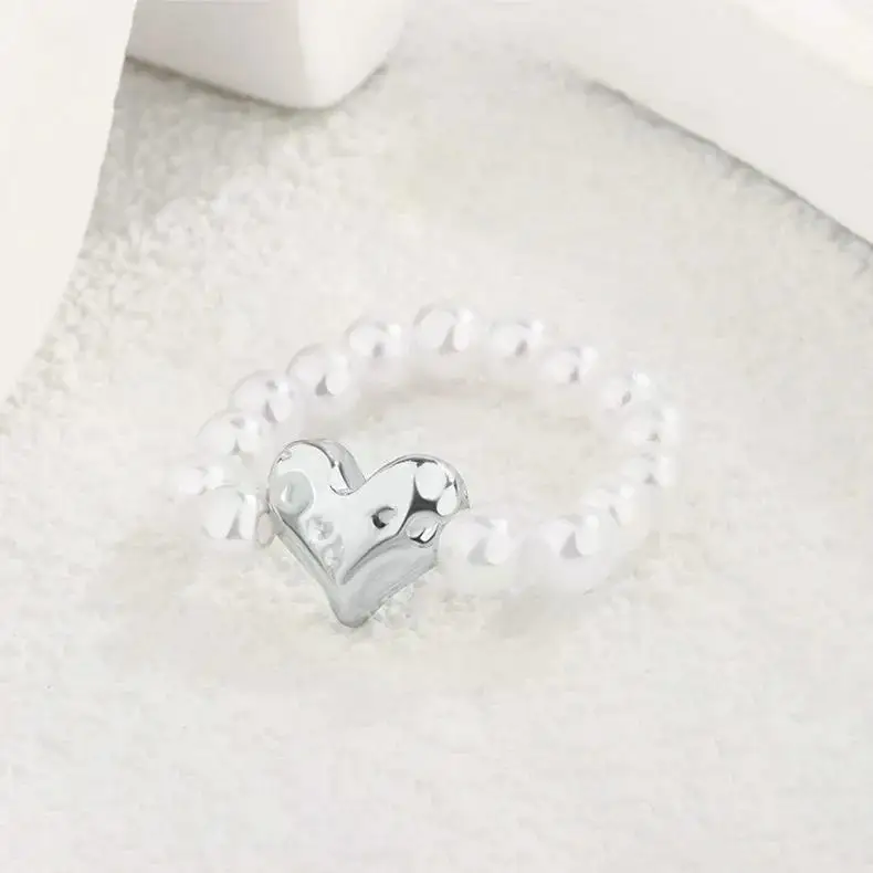 Imitation Pearl Stretch Finger Rings for Women Girl Korean Fashion Sweet Heart Fashion Jewelry Accessories Gift Party