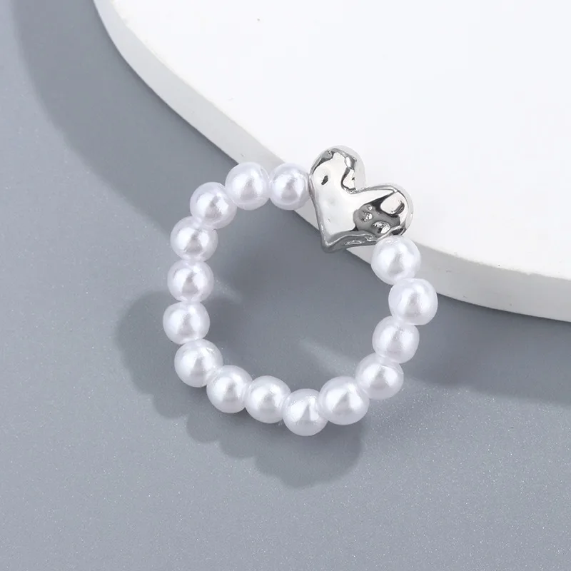 Imitation Pearl Stretch Finger Rings for Women Girl Korean Fashion Sweet Heart Fashion Jewelry Accessories Gift Party