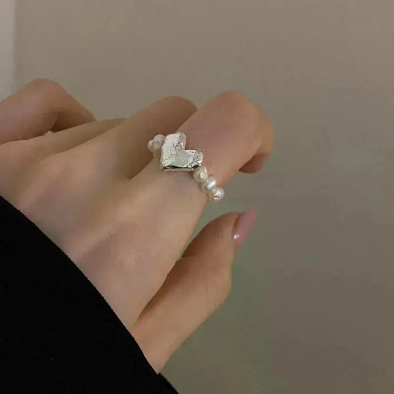 Imitation Pearl Stretch Finger Rings for Women Girl Korean Fashion Sweet Heart Fashion Jewelry Accessories Gift Party