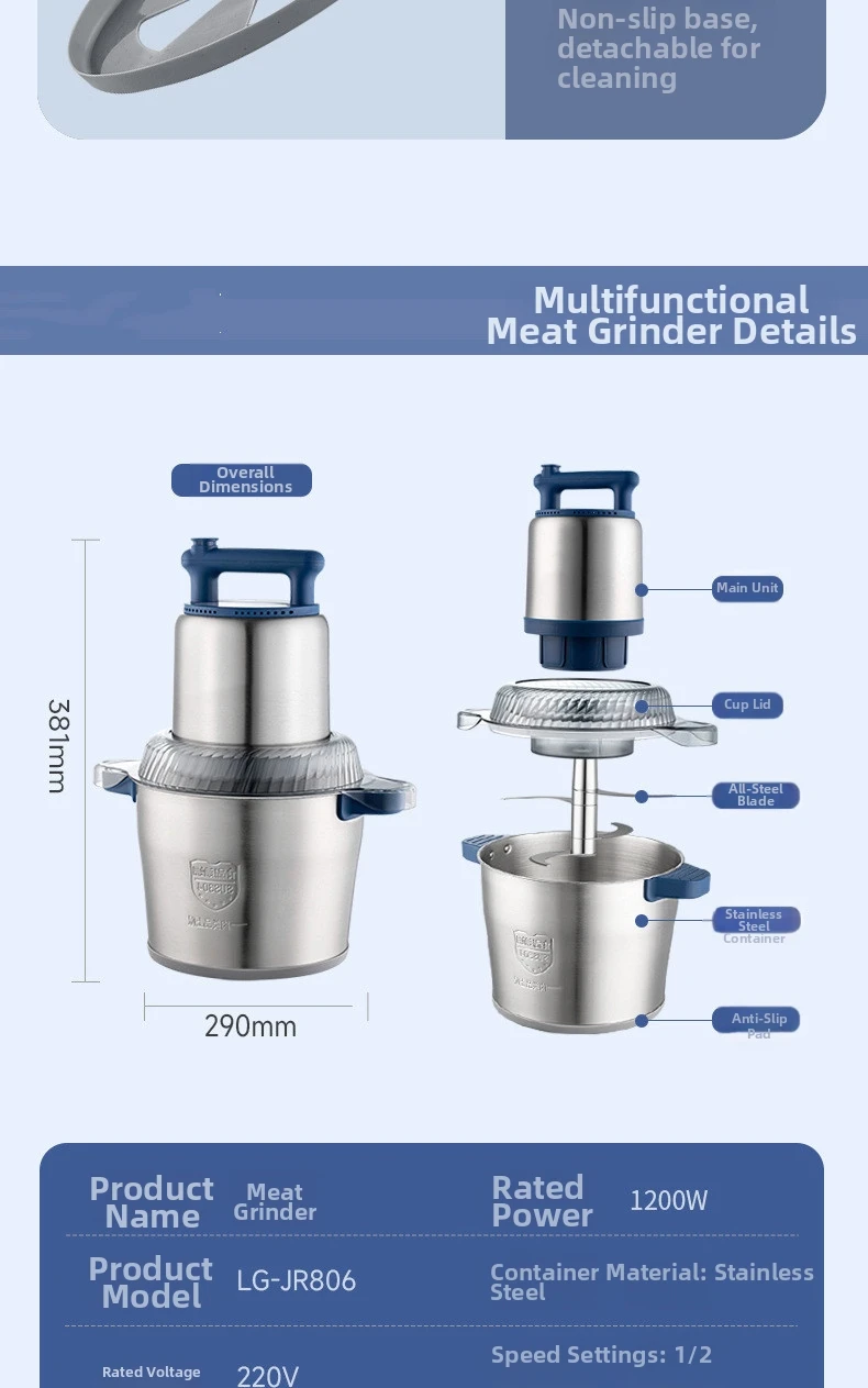 Professional 6L Commercial Meat Grinder, Industrial Grade Stainless Steel, 2-Speed Adjustable 1200W Motor, for Butcher Shop/Rest