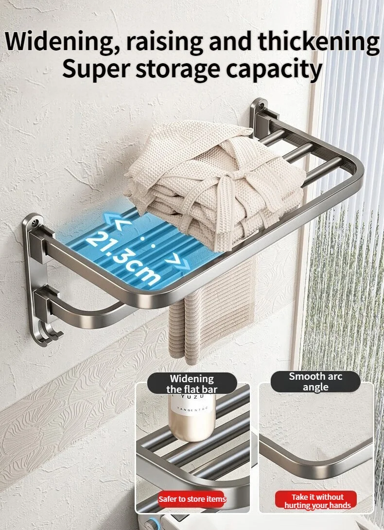 Upgrade And Thicken Grey/Black 50CM-60CM Folding Aluminum Towel Rack Holder With Hook Towel Holder