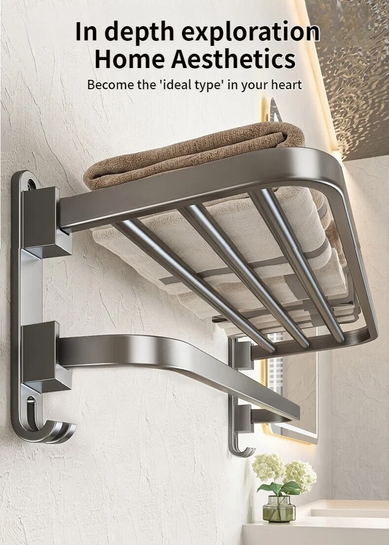 Upgrade And Thicken Grey/Black 50CM-60CM Folding Aluminum Towel Rack Holder With Hook Towel Holder