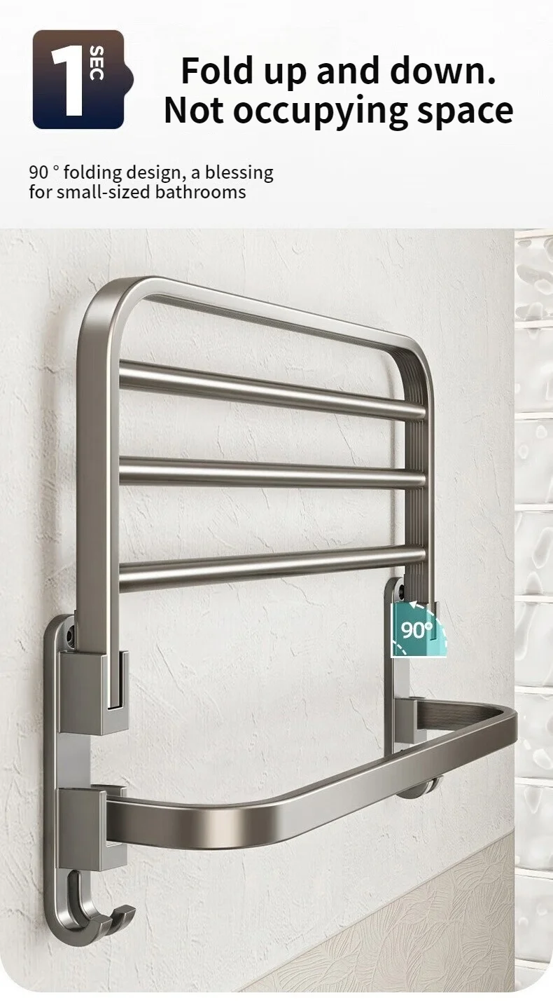 Upgrade And Thicken Grey/Black 50CM-60CM Folding Aluminum Towel Rack Holder With Hook Towel Holder