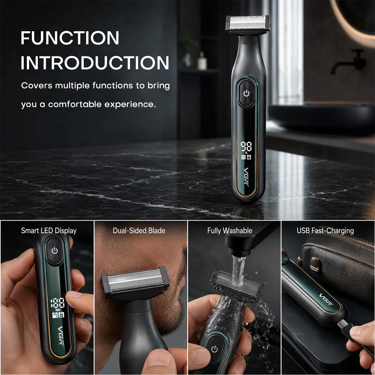 VGR Razor Professional Shaver Portable Body Hair Trimmer IPX6 Waterproof Beard Trimmer Rechargeable Shaver Electric Men V-360