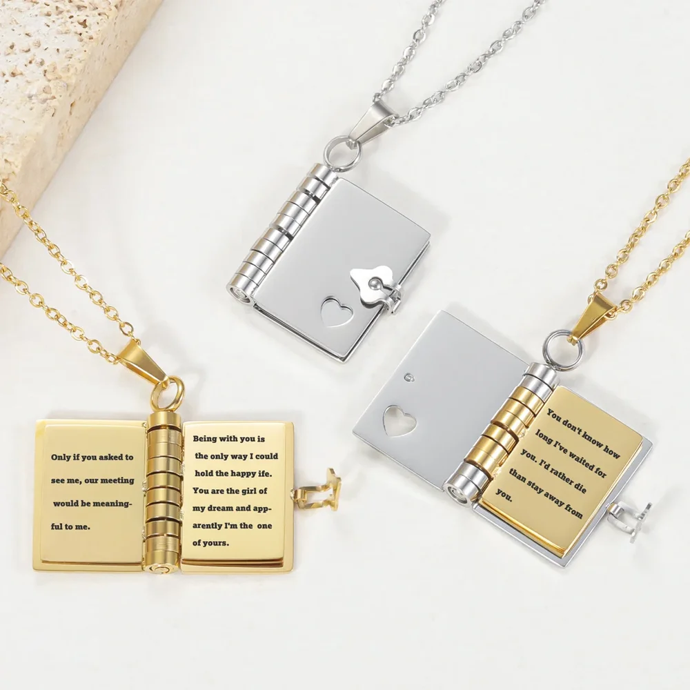 Atoztide Engrave Petite Book Locket Necklace Personalized Message Stainless Steel Jewelry Pendant for Women Chain Birthday Gift