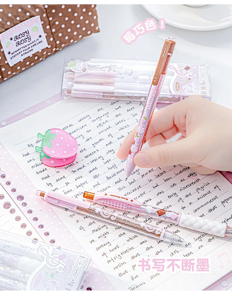 Strawberry Chocolate Series 0.5mm Gel Ink Pens Set Cute Student Ballpoint Pen Soft Grip Smooth Writing Office School Supplies