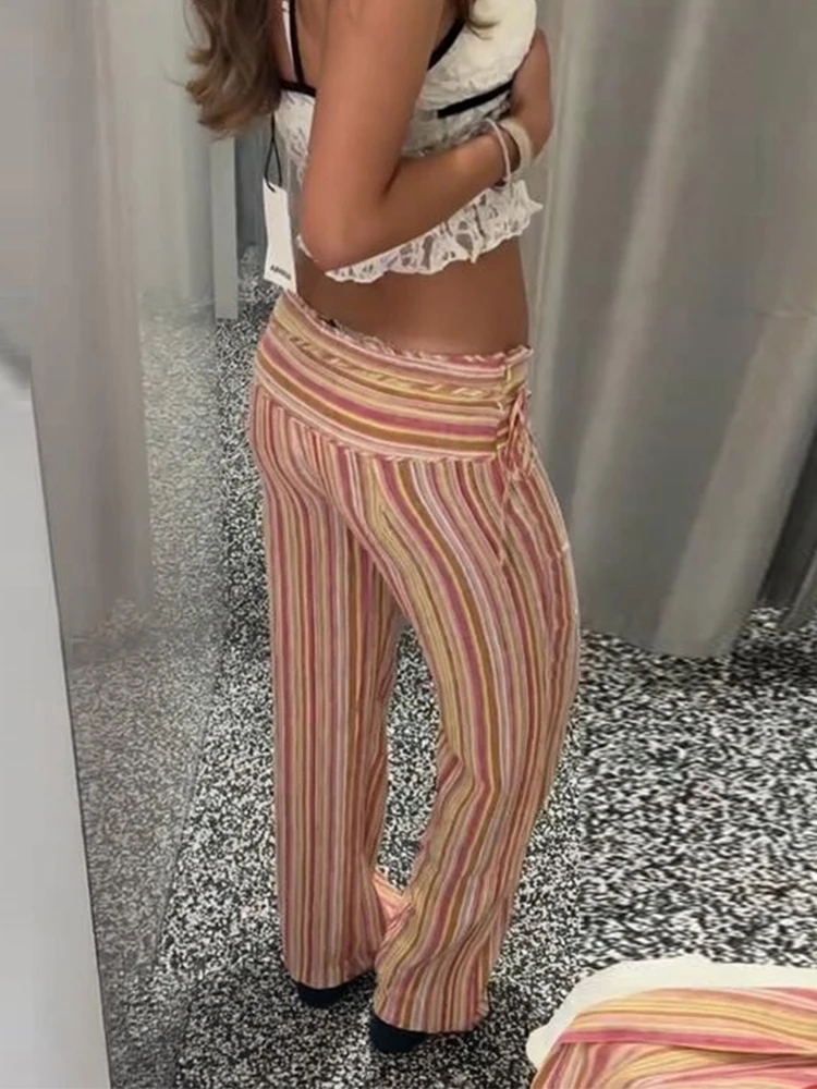 Striped Wide Leg Pants Women Wavy Hem Trousers Scalloped Edge Casual Loose Pants Wear Baggy Trendy Aesthetic Pants Streetwear