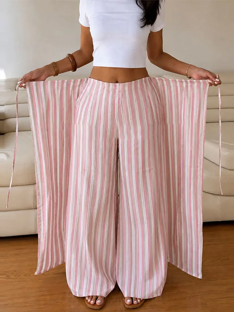 Striped Wide Leg Pants Women Wavy Hem Trousers Scalloped Edge Casual Loose Pants Wear Baggy Trendy Aesthetic Pants Streetwear