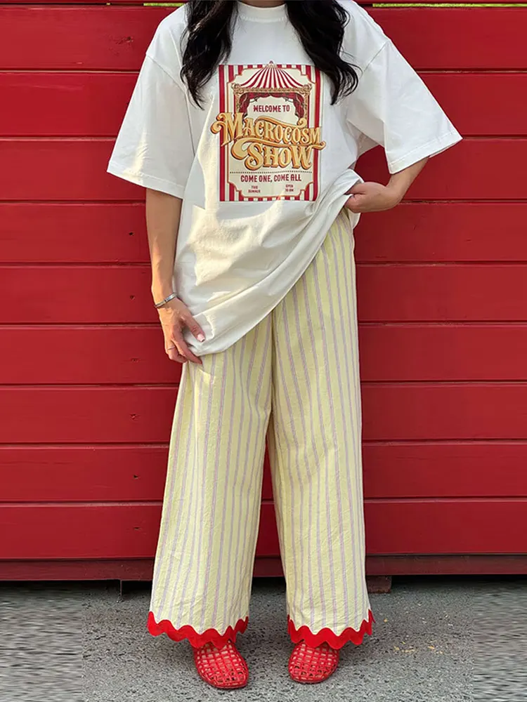 Striped Wide Leg Pants Women Wavy Hem Trousers Scalloped Edge Casual Loose Pants Wear Baggy Trendy Aesthetic Pants Streetwear