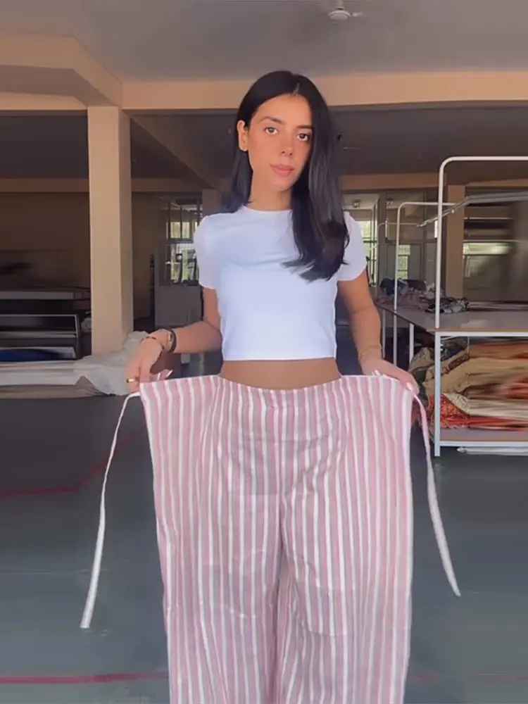 Striped Wide Leg Pants Women Wavy Hem Trousers Scalloped Edge Casual Loose Pants Wear Baggy Trendy Aesthetic Pants Streetwear