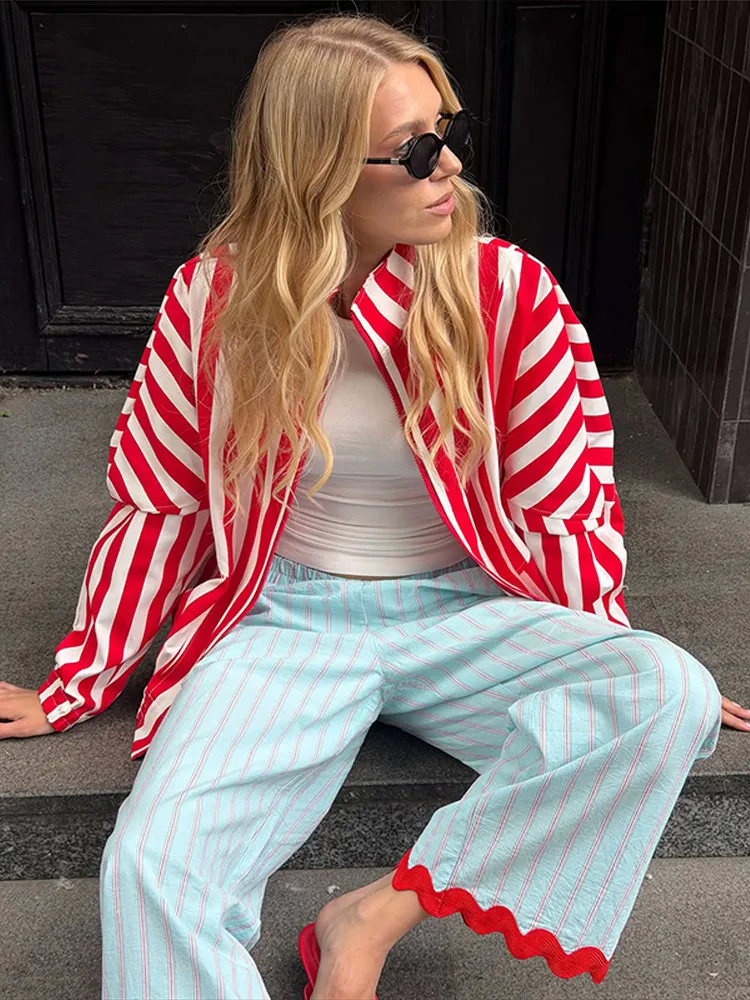 Striped Wide Leg Pants Women Wavy Hem Trousers Scalloped Edge Casual Loose Pants Wear Baggy Trendy Aesthetic Pants Streetwear
