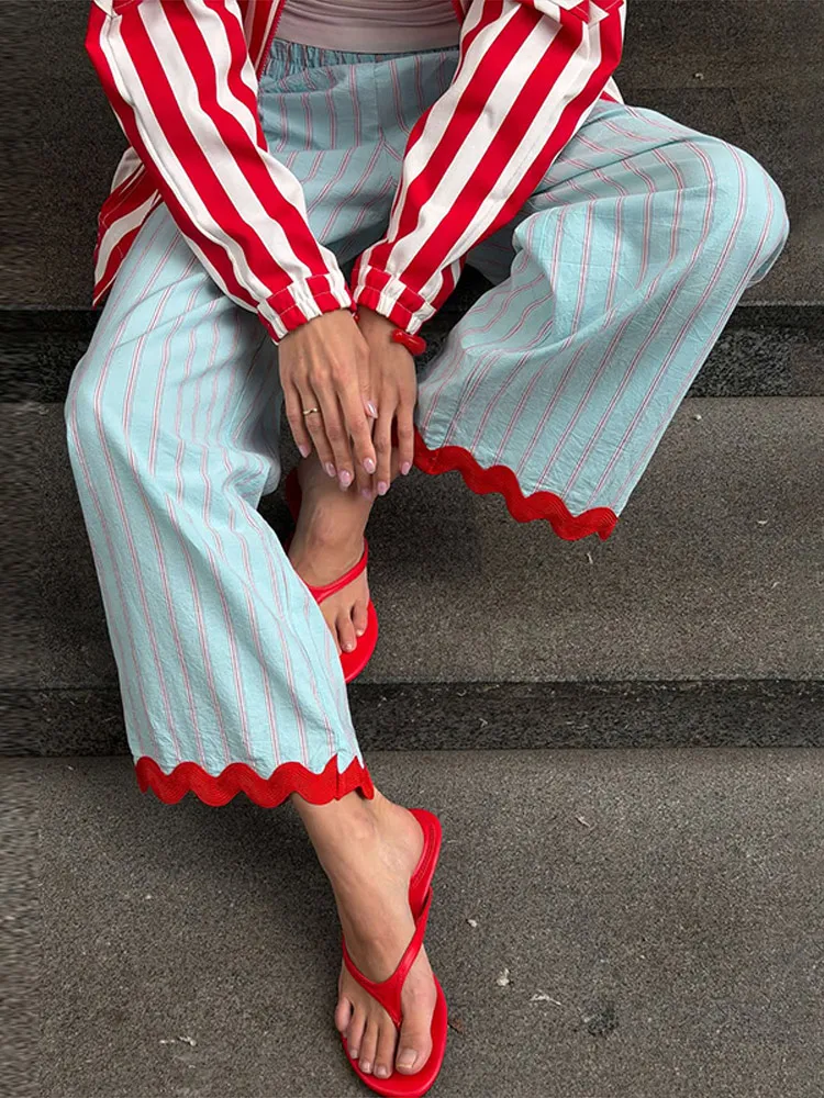 Striped Wide Leg Pants Women Wavy Hem Trousers Scalloped Edge Casual Loose Pants Wear Baggy Trendy Aesthetic Pants Streetwear
