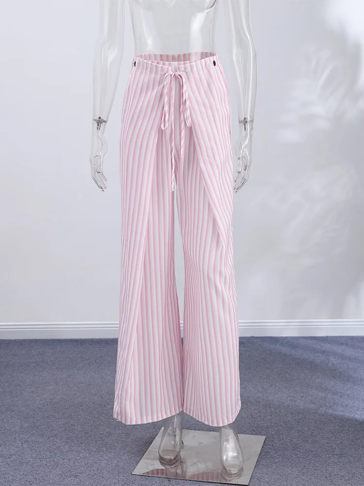 Striped Wide Leg Pants Women Wavy Hem Trousers Scalloped Edge Casual Loose Pants Wear Baggy Trendy Aesthetic Pants Streetwear