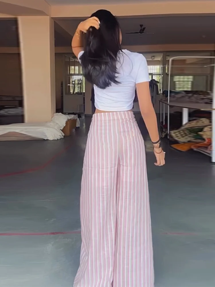Striped Wide Leg Pants Women Wavy Hem Trousers Scalloped Edge Casual Loose Pants Wear Baggy Trendy Aesthetic Pants Streetwear