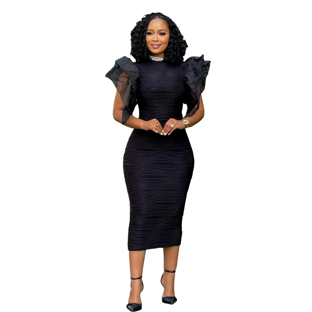 CM.YAYA Women Ruffles Short Sleeve O-neck Striped Knee Length Dress Street Vestidos Sexy Night Club Party Evening Chic Dresses