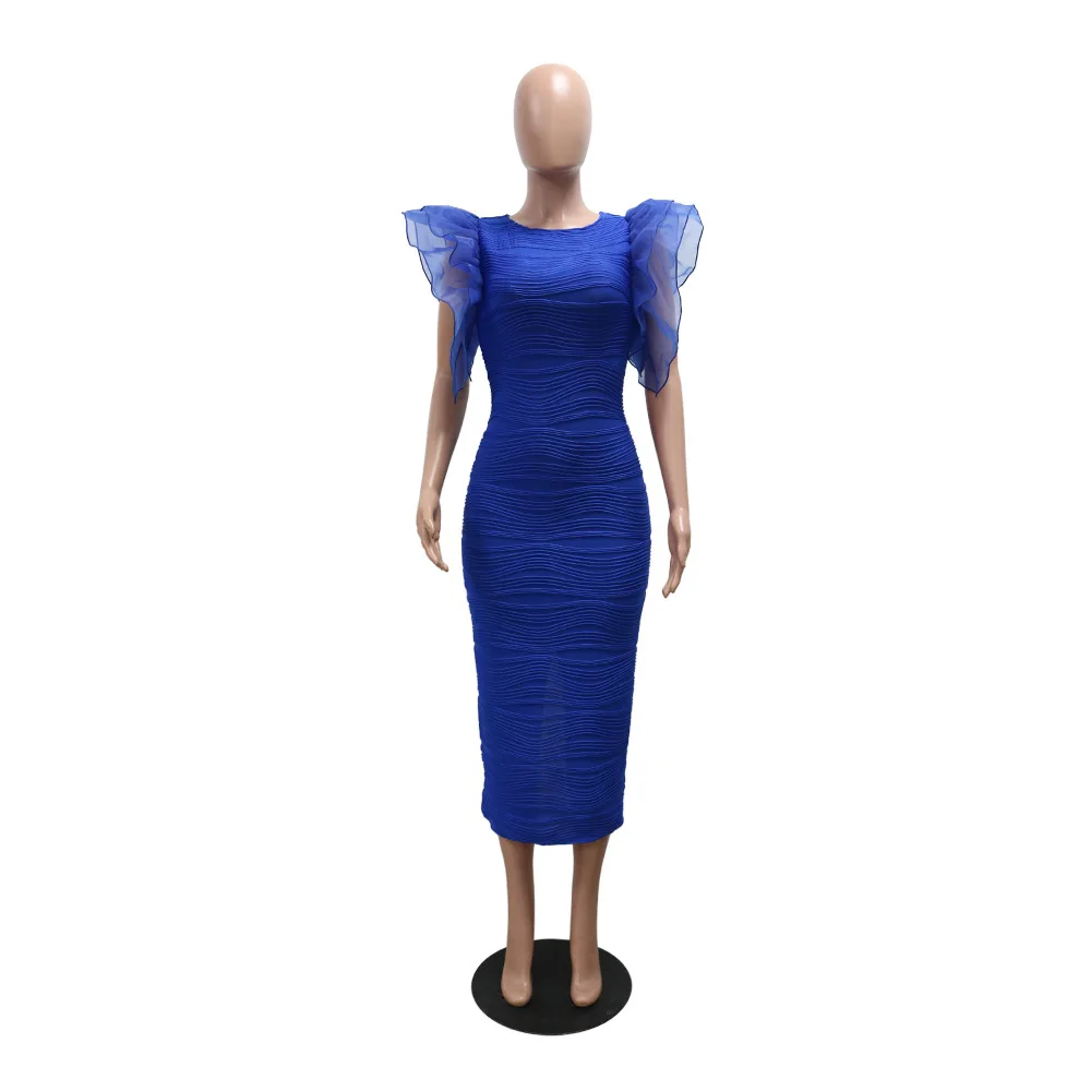 CM.YAYA Women Ruffles Short Sleeve O-neck Striped Knee Length Dress Street Vestidos Sexy Night Club Party Evening Chic Dresses