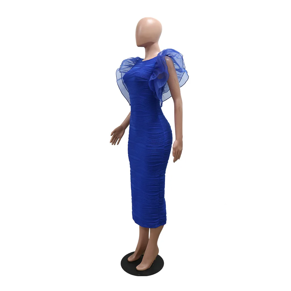CM.YAYA Women Ruffles Short Sleeve O-neck Striped Knee Length Dress Street Vestidos Sexy Night Club Party Evening Chic Dresses