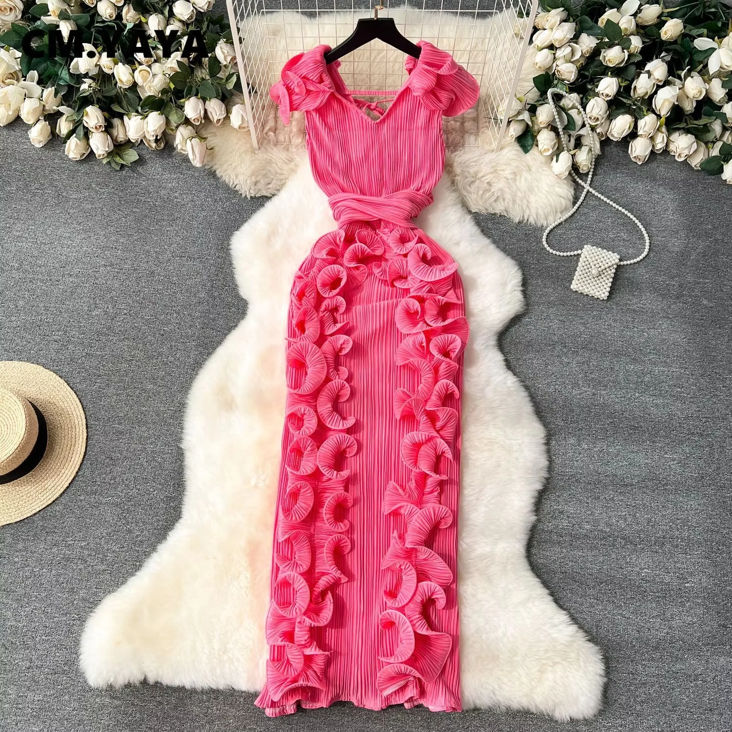 CM.YAYA Women Ruffles Splicing V-neck Sleeveless Bodycon Midi Pleated Maxi Long Dress 2025 Birthday Sexy Club Party Even Dresses