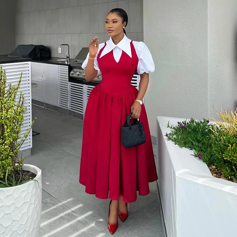 CM.YAYA Short Puff Sleeve Sweet Slim Long Women Shirt Dress High Waist Ruched Pleated Beach Streetwear Maxi Big Swing Dresses