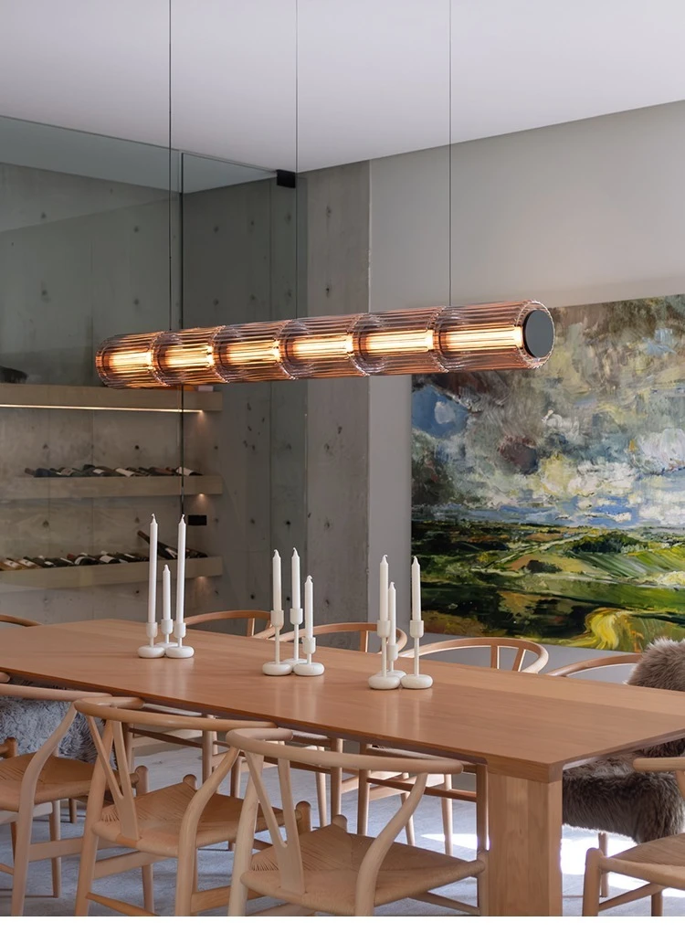 Restaurant Long Stripe Pendant Light Smoke Gray Glass Lampshade Nordic Led Hanging Light Living Dining Room Decor Pendant Lamp