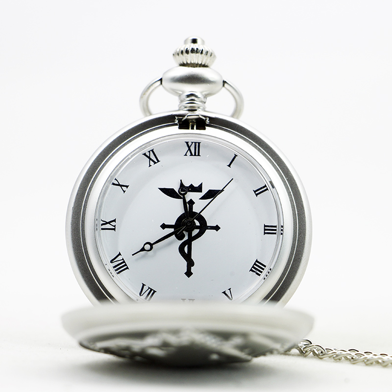 Antique Silver Fullmetal Alchemist Necklace Pendant Quartz Pocket Watch With Chain Gift