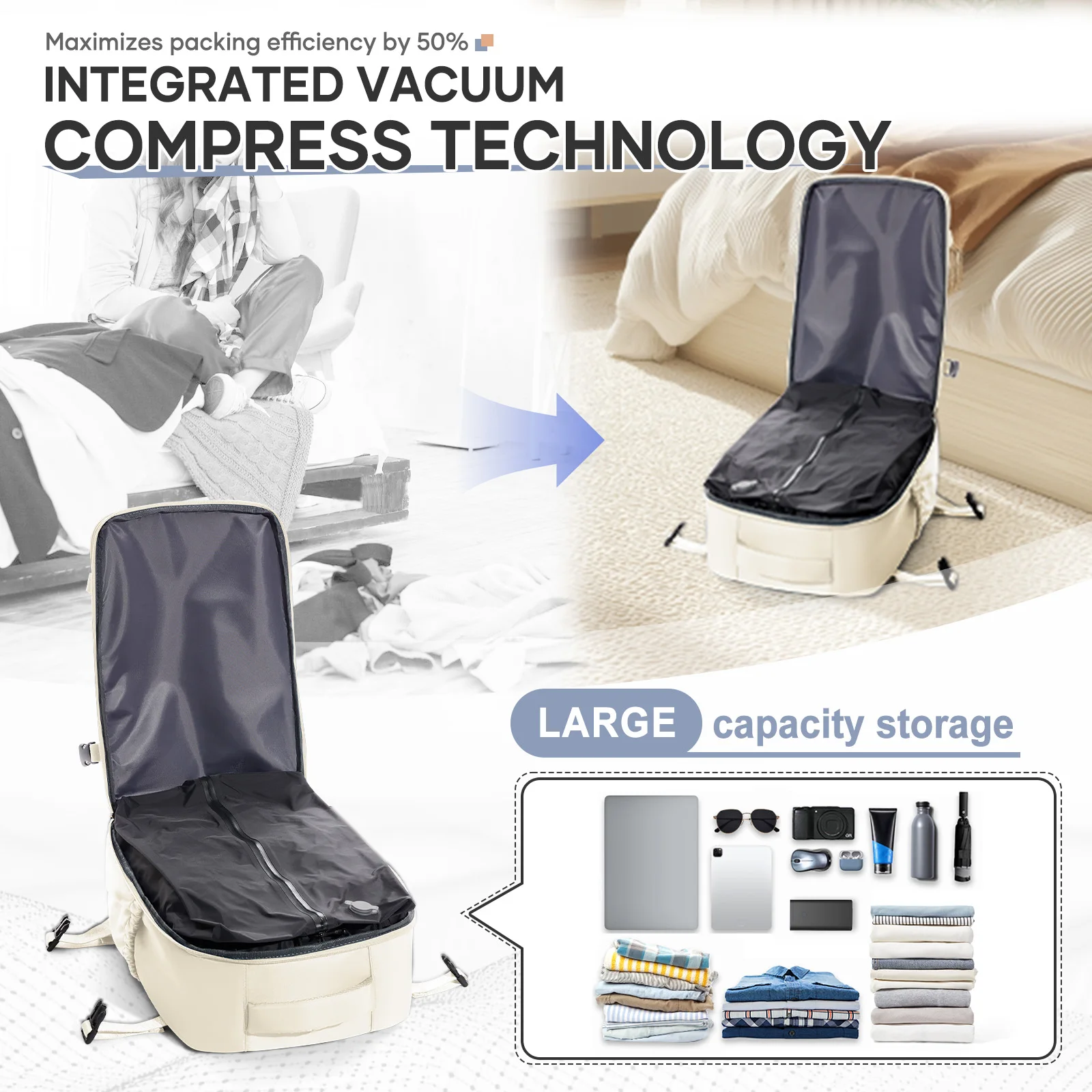 Men Women Air Vacuum Compression Travel Backpack 15.6in Laptop Backpack, Vacuum Clothing Storage Bag Airplane Cabin Backpack
