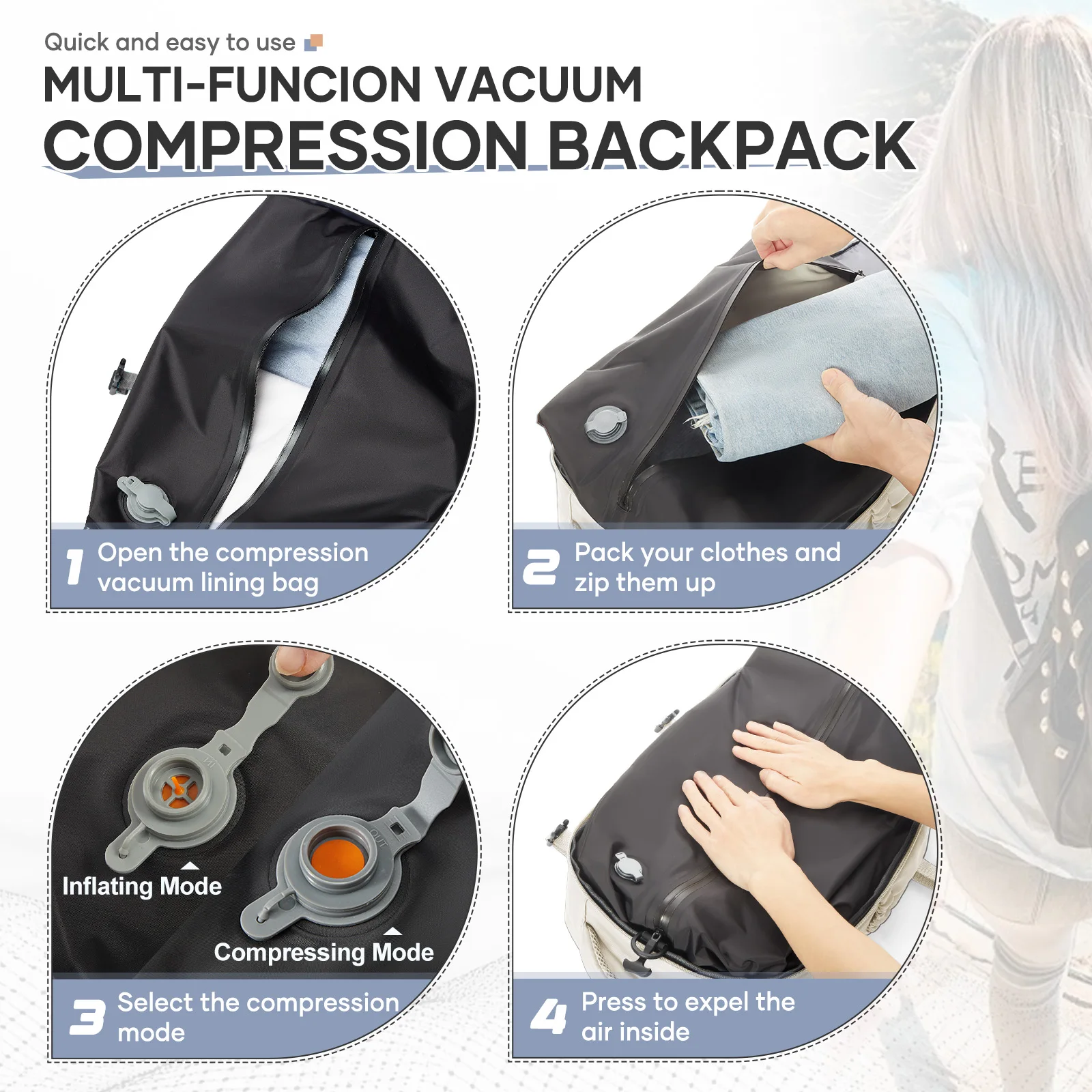 Men Women Air Vacuum Compression Travel Backpack 15.6in Laptop Backpack, Vacuum Clothing Storage Bag Airplane Cabin Backpack