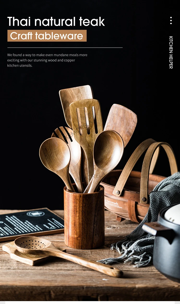9PCS Wooden Spoons For Cooking, Wooden Utensils For Cooking With Utensils Holder, Teak Wooden Kitchen Utensils Set