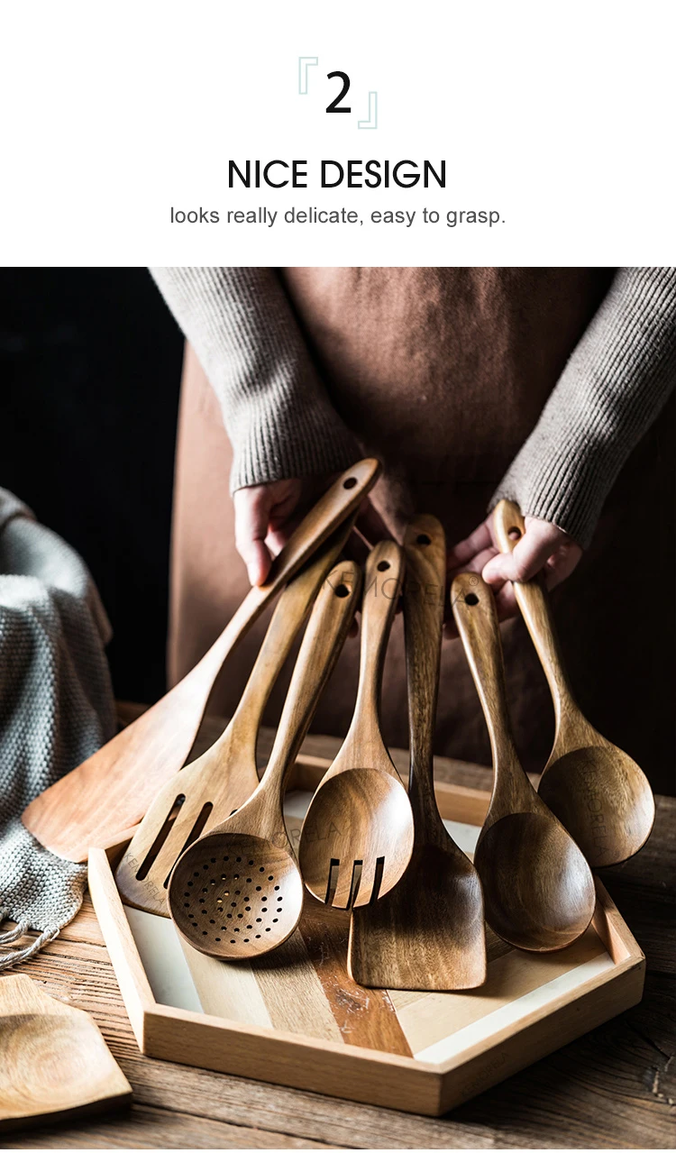 9PCS Wooden Spoons For Cooking, Wooden Utensils For Cooking With Utensils Holder, Teak Wooden Kitchen Utensils Set