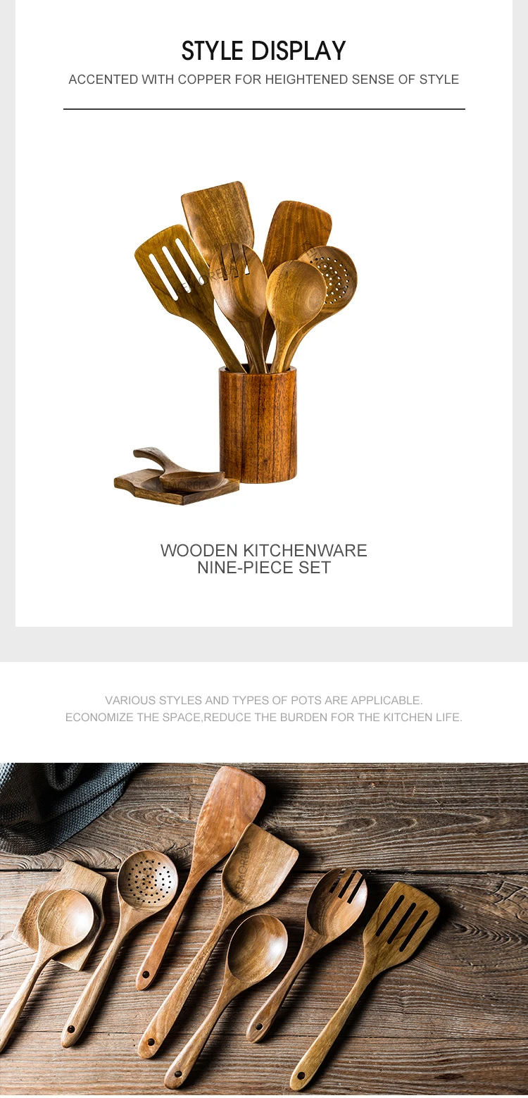 9PCS Wooden Spoons For Cooking, Wooden Utensils For Cooking With Utensils Holder, Teak Wooden Kitchen Utensils Set