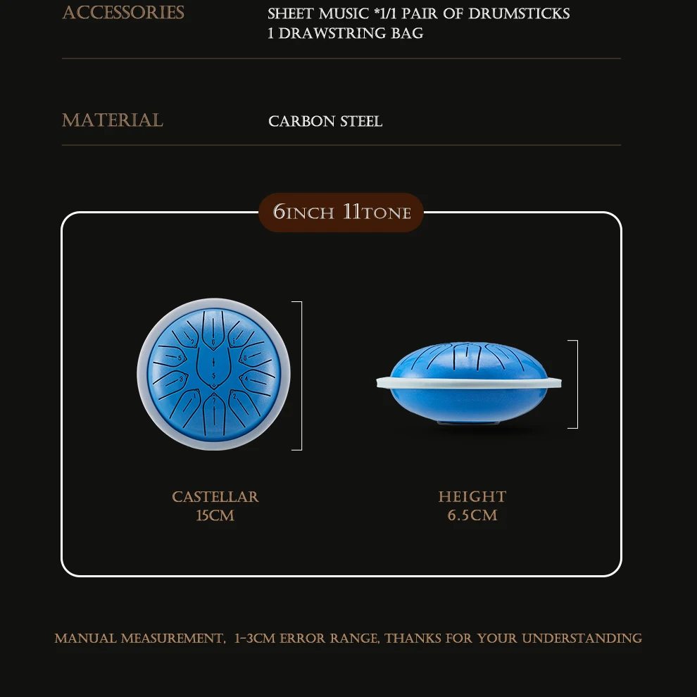 Hluru Overtone Steel Tongue Drum 6 Inch 11 Notes Key D Tank Drum Glucophone Handpan Meditation Instrument for Kids Gifts
