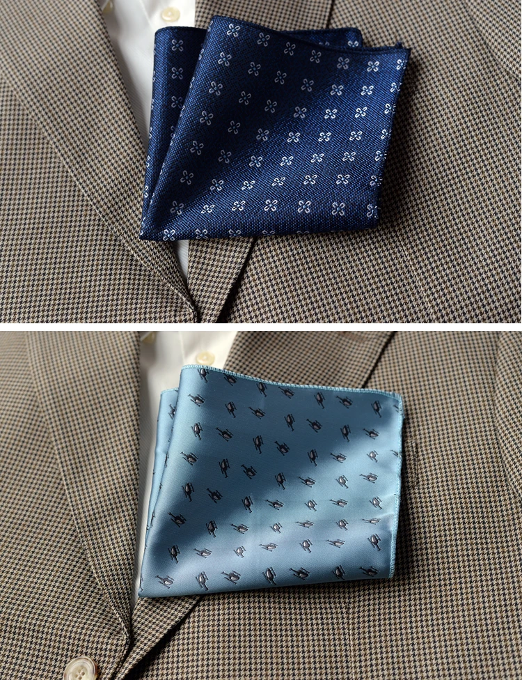 2025 Luxury Formal Pocket Square Navy Striped Floral Silk Handkerchief 24cm Brown Color Hanky Wedding Banquet Accessories Cravat