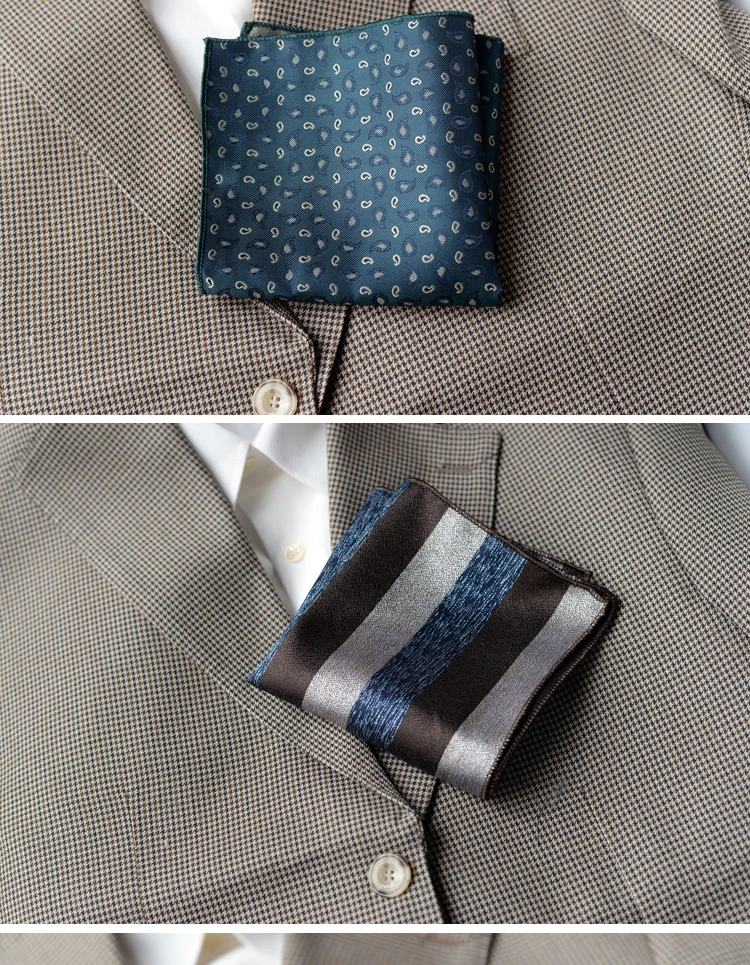 2025 Luxury Formal Pocket Square Navy Striped Floral Silk Handkerchief 24cm Brown Color Hanky Wedding Banquet Accessories Cravat
