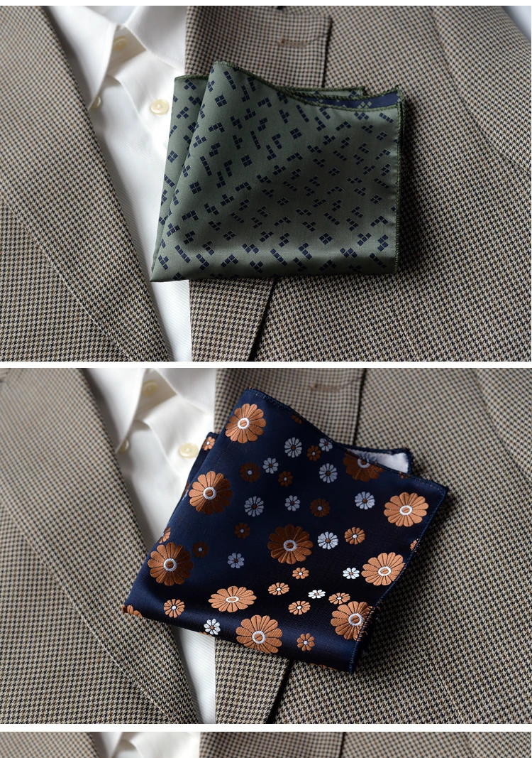 2025 Luxury Formal Pocket Square Navy Striped Floral Silk Handkerchief 24cm Brown Color Hanky Wedding Banquet Accessories Cravat