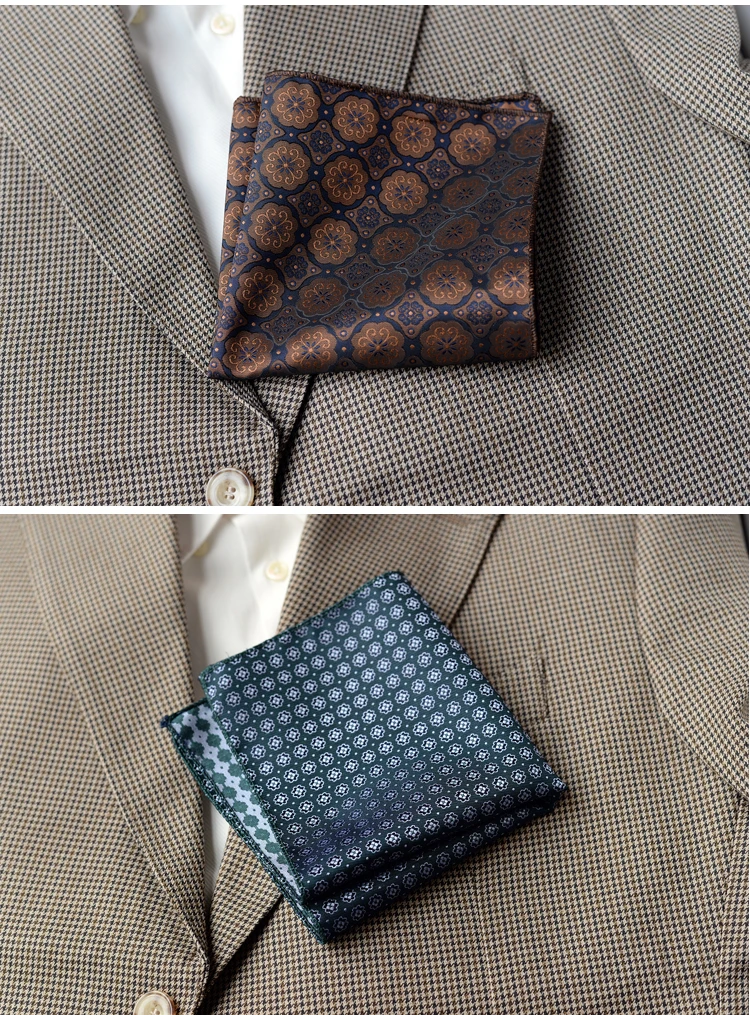 2025 Luxury Formal Pocket Square Navy Striped Floral Silk Handkerchief 24cm Brown Color Hanky Wedding Banquet Accessories Cravat