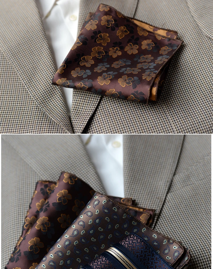 2025 Luxury Formal Pocket Square Navy Striped Floral Silk Handkerchief 24cm Brown Color Hanky Wedding Banquet Accessories Cravat