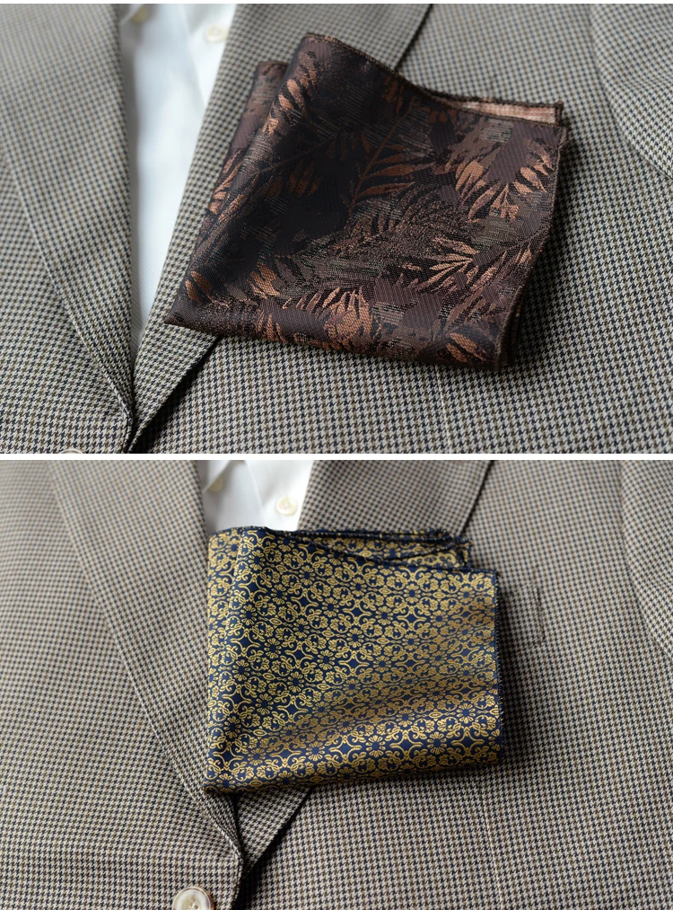 2025 Luxury Formal Pocket Square Navy Striped Floral Silk Handkerchief 24cm Brown Color Hanky Wedding Banquet Accessories Cravat