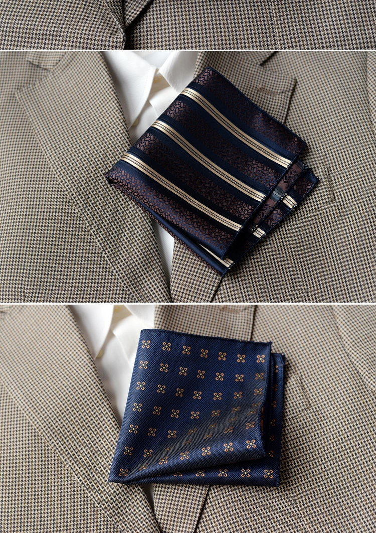 2025 Luxury Formal Pocket Square Navy Striped Floral Silk Handkerchief 24cm Brown Color Hanky Wedding Banquet Accessories Cravat